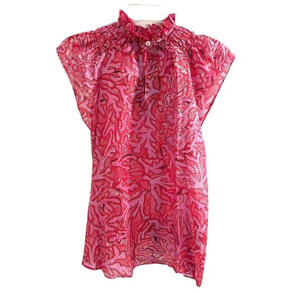 CHUFY Pink High Neck Cotton Silk Blouse Cottagecore Floral Spring Luxury XS - Picture 1 of 10